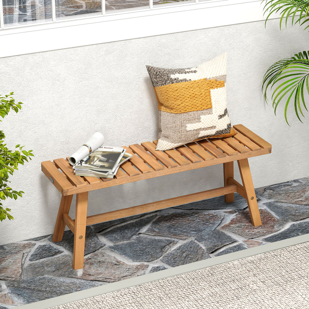 Support up to 800 lbs with solid acacia wood Reinforced crossbars for extra stability Ensure safe and smooth touch with splinter-free surface 42" x 12" seat fits 2 people to enjoy outdoor leisure time Make it safe to use thanks to the rounded corners Make