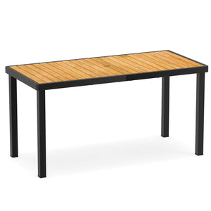 Solid acacia wood for providing high hardness<br>Enjoy natural beauty with a splinter-free surface<br>Built-in umbrella hole accommodates most standard patio umbrellas (not included)<br>Note: Umbrella base needed (not included)<br>Reinforced metal crossba