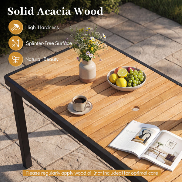 Solid acacia wood for providing high hardness<br>Enjoy natural beauty with a splinter-free surface<br>Built-in umbrella hole accommodates most standard patio umbrellas (not included)<br>Note: Umbrella base needed (not included)<br>Reinforced metal crossba