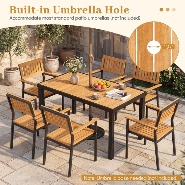 Solid acacia wood for providing high hardness<br>Enjoy natural beauty with a splinter-free surface<br>Built-in umbrella hole accommodates most standard patio umbrellas (not included)<br>Note: Umbrella base needed (not included)<br>Reinforced metal crossba