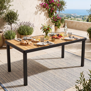 Solid acacia wood for providing high hardness<br>Enjoy natural beauty with a splinter-free surface<br>Built-in umbrella hole accommodates most standard patio umbrellas (not included)<br>Note: Umbrella base needed (not included)<br>Reinforced metal crossba