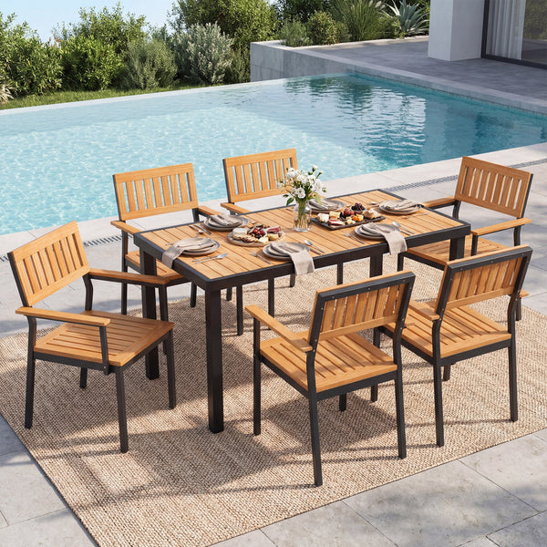 Solid acacia wood for providing high hardness<br>Enjoy natural beauty with a splinter-free surface<br>Built-in umbrella hole accommodates most standard patio umbrellas (not included)<br>Note: Umbrella base needed (not included)<br>Reinforced metal crossba