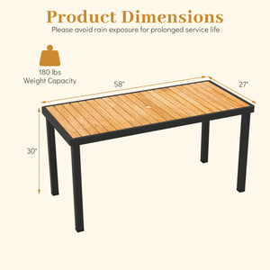 Solid acacia wood for providing high hardness<br>Enjoy natural beauty with a splinter-free surface<br>Built-in umbrella hole accommodates most standard patio umbrellas (not included)<br>Note: Umbrella base needed (not included)<br>Reinforced metal crossba