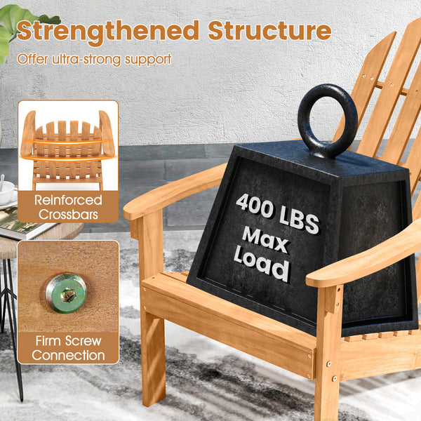 Made of durable acacia wood and galvanized screws  the Adirondack chair has solid structure and large weigh capacity for outdoor using. Â  In addition to durability  this chair is also very comfortable. Combine ergonomic design with wood slat style  it is