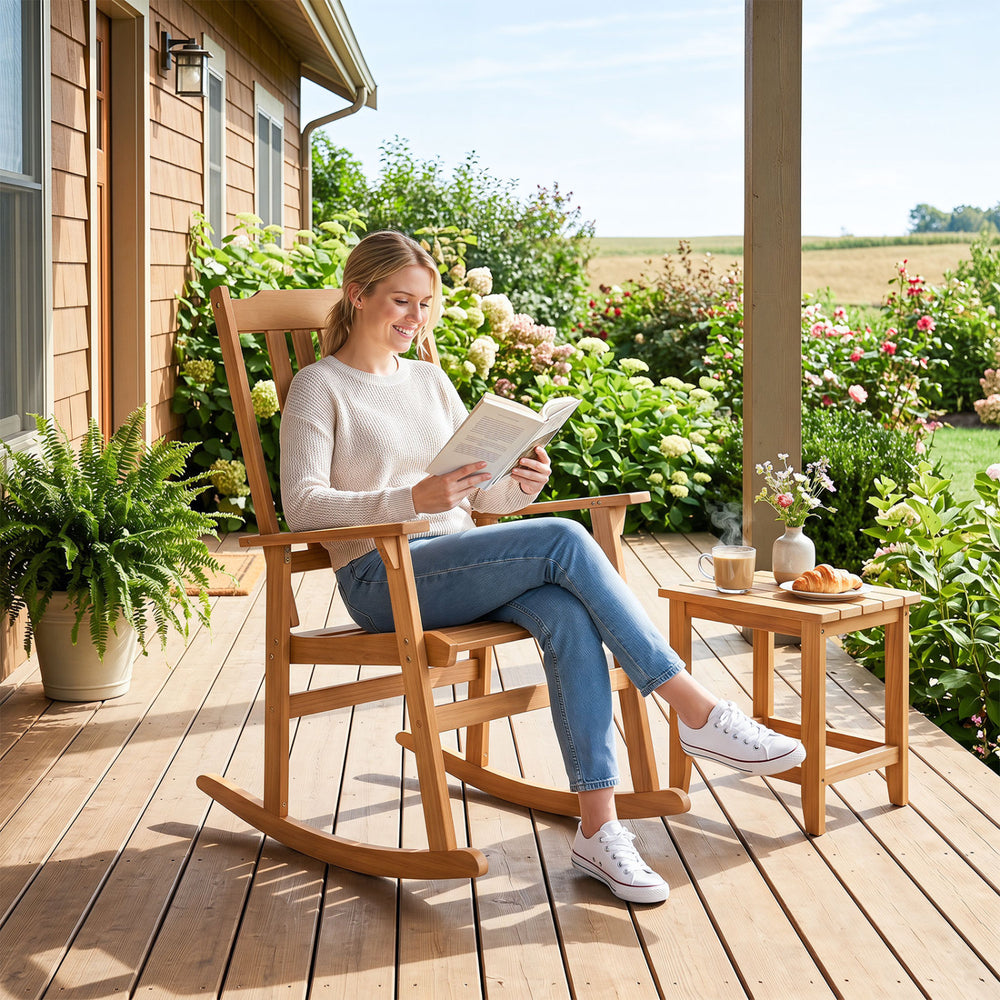 Acacia wood combines lasting strength with natural appeal<br>Soothing rocking enhances your outdoor relaxation moments<br>Perfect option for your reading  sunbathing or relaxing outdoors<br>Stable construction supports up to 400 lbs reliably<br>Slatted hi