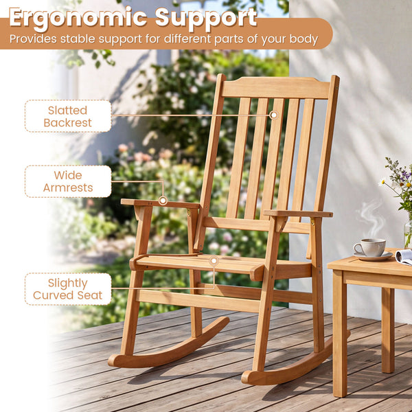 Acacia wood combines lasting strength with natural appeal<br>Soothing rocking enhances your outdoor relaxation moments<br>Perfect option for your reading  sunbathing or relaxing outdoors<br>Stable construction supports up to 400 lbs reliably<br>Slatted hi