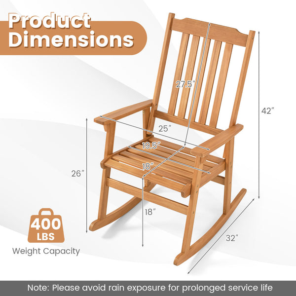 Acacia wood combines lasting strength with natural appeal<br>Soothing rocking enhances your outdoor relaxation moments<br>Perfect option for your reading  sunbathing or relaxing outdoors<br>Stable construction supports up to 400 lbs reliably<br>Slatted hi