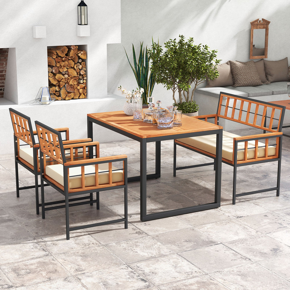 Add a touch of elegance to your outdoor space with rustic acacia wood<br>Bring smooth touch thanks to the burr-free surface<br>Sturdy metal construction for strong stability<br>1.96" umbrella hole for most standard patio umbrellas (not included)<br>Make y