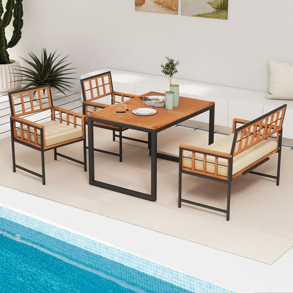 Add a touch of elegance to your outdoor space with rustic acacia wood<br>Bring smooth touch thanks to the burr-free surface<br>Sturdy metal construction for strong stability<br>1.96" umbrella hole for most standard patio umbrellas (not included)<br>Make y