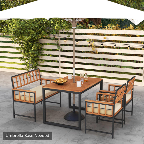 Add a touch of elegance to your outdoor space with rustic acacia wood<br>Bring smooth touch thanks to the burr-free surface<br>Sturdy metal construction for strong stability<br>1.96" umbrella hole for most standard patio umbrellas (not included)<br>Make y