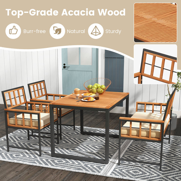 Add a touch of elegance to your outdoor space with rustic acacia wood<br>Bring smooth touch thanks to the burr-free surface<br>Sturdy metal construction for strong stability<br>1.96" umbrella hole for most standard patio umbrellas (not included)<br>Make y