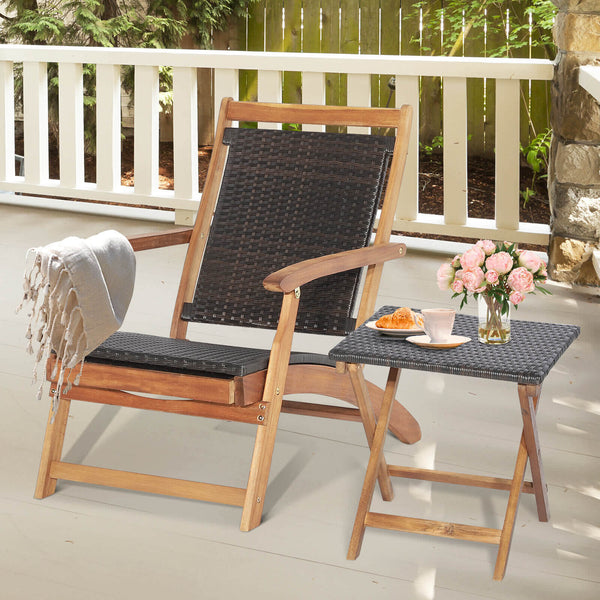 Retractable ottoman for ultimate comfort and maximum space utilization<br>Safety latch keeps the footrest in place when it retracts back <br>Foldable chair and table for space-saving design<br>Selected mix brown PE wicker for fade resistance and sun prote