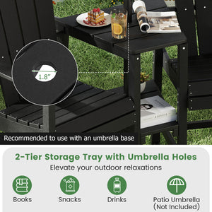 Made from weatherproof HDPE for long-lasting quality<br>Fade and crack resistant with low maintenance needs<br>Built-in 2-tier storage tray for your books  snacks and drinks<br>1.8" umbrella holes for adding a refreshing shade<br>Comfy to sit on with its 