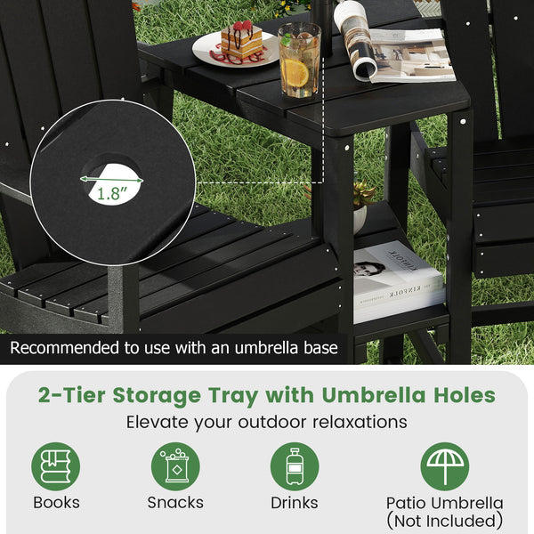 Made from weatherproof HDPE for long-lasting quality<br>Fade and crack resistant with low maintenance needs<br>Built-in 2-tier storage tray for your books  snacks and drinks<br>1.8" umbrella holes for adding a refreshing shade<br>Comfy to sit on with its 