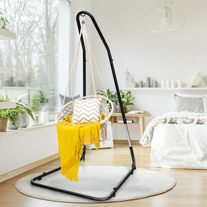 This adjustable hammock chair stand is perfect for your indoor or outdoor space. Â  It is more stabilized than others. The stand is height-adjustable so you can easily hang your hammock swing at a comfortable height. It uses heavy duty steel frame which s