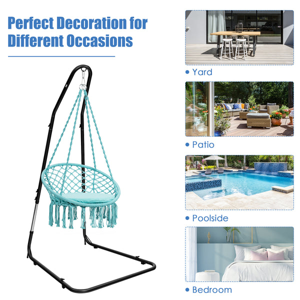 This adjustable hammock chair stand is perfect for your indoor or outdoor space. Â  It is more stabilized than others. The stand is height-adjustable so you can easily hang your hammock swing at a comfortable height. It uses heavy duty steel frame which s
