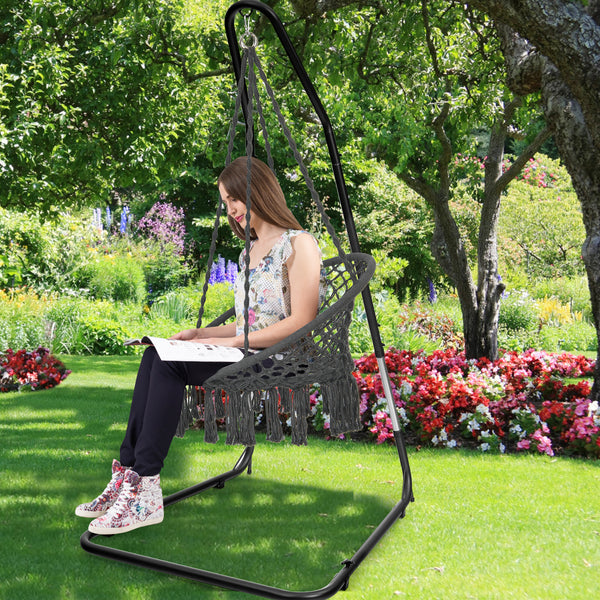 This adjustable hammock chair stand is perfect for your indoor or outdoor space. Â  It is more stabilized than others. The stand is height-adjustable so you can easily hang your hammock swing at a comfortable height. It uses heavy duty steel frame which s