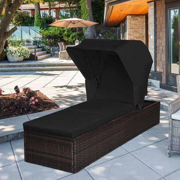 Ideal for indoor and outdoor use  suitable for beach  poolside  balcony and porch <br>PE rattan material  durable  environmentally friendly  weather resistant <br>Adjustable backrest and retractable canopy  meeting your different needs <br>Sponge padded s