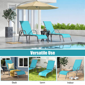Don't leave the lounge chairs outside in rainy days for prolonging its' using life Made of Sun-proof and breathable fabric for long-lasting use  Powder-coated steel frame provides sturdy support Thick legs and anti-slip pads provide extra stability 5 adju