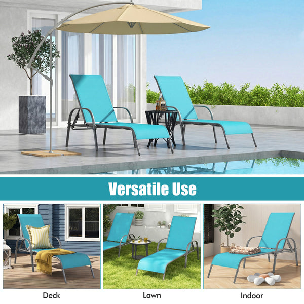 Don't leave the lounge chairs outside in rainy days for prolonging its' using life Made of Sun-proof and breathable fabric for long-lasting use  Powder-coated steel frame provides sturdy support Thick legs and anti-slip pads provide extra stability 5 adju