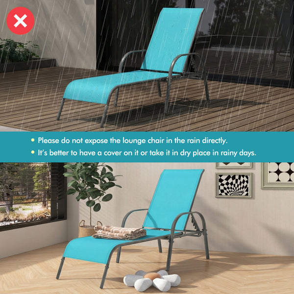 Don't leave the lounge chairs outside in rainy days for prolonging its' using life Made of Sun-proof and breathable fabric for long-lasting use  Powder-coated steel frame provides sturdy support Thick legs and anti-slip pads provide extra stability 5 adju