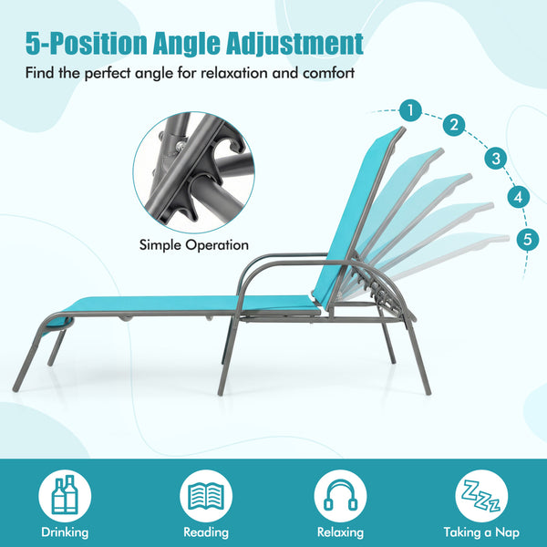 Don't leave the lounge chairs outside in rainy days for prolonging its' using life Made of Sun-proof and breathable fabric for long-lasting use  Powder-coated steel frame provides sturdy support Thick legs and anti-slip pads provide extra stability 5 adju