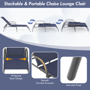 Don't leave the lounge chairs outside in rainy days for prolonging its' using life Made of Sun-proof and breathable fabric for long-lasting use  Powder-coated steel frame provides sturdy support Thick legs and anti-slip pads provide extra stability 5 adju