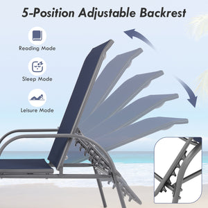Don't leave the lounge chairs outside in rainy days for prolonging its' using life Made of Sun-proof and breathable fabric for long-lasting use  Powder-coated steel frame provides sturdy support Thick legs and anti-slip pads provide extra stability 5 adju
