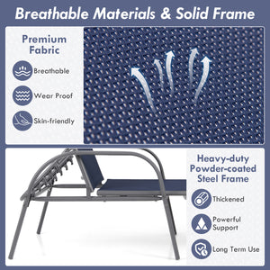 Don't leave the lounge chairs outside in rainy days for prolonging its' using life Made of Sun-proof and breathable fabric for long-lasting use  Powder-coated steel frame provides sturdy support Thick legs and anti-slip pads provide extra stability 5 adju