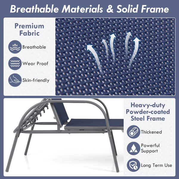 Don't leave the lounge chairs outside in rainy days for prolonging its' using life Made of Sun-proof and breathable fabric for long-lasting use  Powder-coated steel frame provides sturdy support Thick legs and anti-slip pads provide extra stability 5 adju