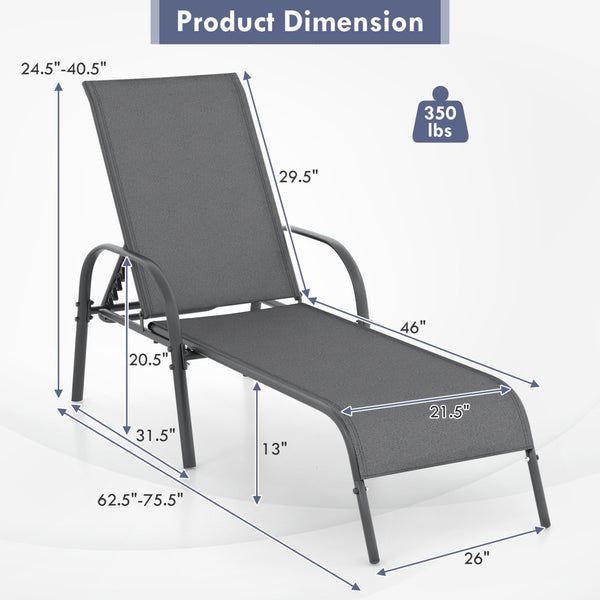 Don't leave the lounge chairs outside in rainy days for prolonging its' using life Made of Sun-proof and breathable fabric for long-lasting use  Powder-coated steel frame provides sturdy support Thick legs and anti-slip pads provide extra stability 5 adju