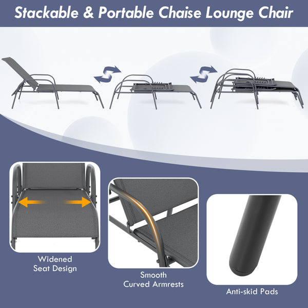 Don't leave the lounge chairs outside in rainy days for prolonging its' using life Made of Sun-proof and breathable fabric for long-lasting use  Powder-coated steel frame provides sturdy support Thick legs and anti-slip pads provide extra stability 5 adju