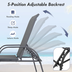 Don't leave the lounge chairs outside in rainy days for prolonging its' using life Made of Sun-proof and breathable fabric for long-lasting use  Powder-coated steel frame provides sturdy support Thick legs and anti-slip pads provide extra stability 5 adju