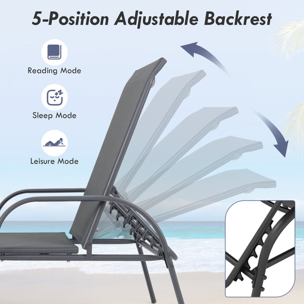 Don't leave the lounge chairs outside in rainy days for prolonging its' using life Made of Sun-proof and breathable fabric for long-lasting use  Powder-coated steel frame provides sturdy support Thick legs and anti-slip pads provide extra stability 5 adju