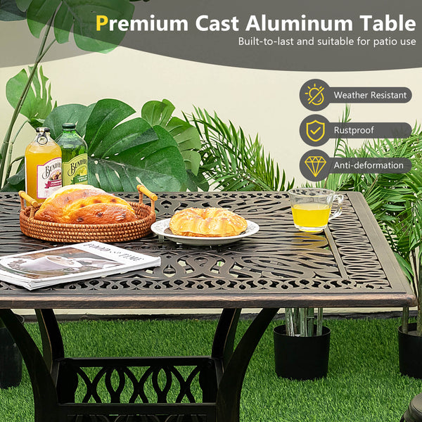 Spacious enough for 4 people to sit around<br>Large tabletop is perfect for multiple items<br>Cast aluminum structure for high stability and durability<br>Adjustable footpads and retaining room strengthen the structure<br>Designed with a 2" umbrella hole 