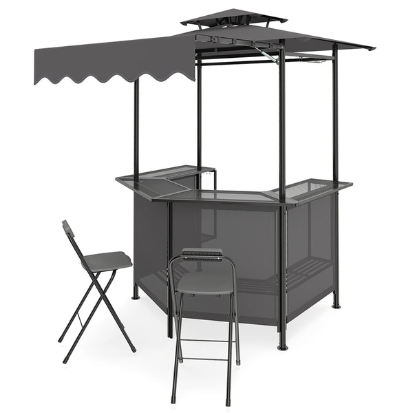 Heat-resistant tabletop provides a safe prep surface near the grill 4 slatted metal shelves for organizing tools  seasonings  and food items 6 side hanging hooks keep utensils and towels within easy reach 2-row top glass holders safely store drinks and gl