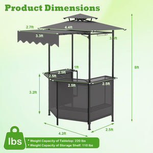 Heat-resistant tabletop provides a safe prep surface near the grill 4 slatted metal shelves for organizing tools  seasonings  and food items 6 side hanging hooks keep utensils and towels within easy reach 2-row top glass holders safely store drinks and gl
