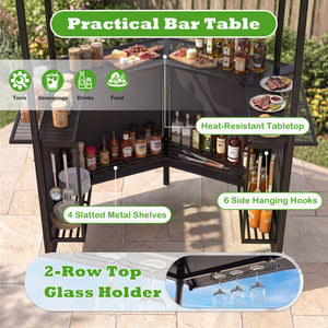 Heat-resistant tabletop provides a safe prep surface near the grill 4 slatted metal shelves for organizing tools  seasonings  and food items 6 side hanging hooks keep utensils and towels within easy reach 2-row top glass holders safely store drinks and gl