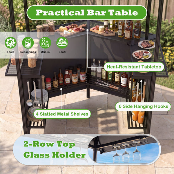 Heat-resistant tabletop provides a safe prep surface near the grill 4 slatted metal shelves for organizing tools  seasonings  and food items 6 side hanging hooks keep utensils and towels within easy reach 2-row top glass holders safely store drinks and gl