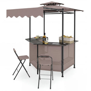 Heat-resistant tabletop provides a safe prep surface near the grill 4 slatted metal shelves for organizing tools  seasonings  and food items 6 side hanging hooks keep utensils and towels within easy reach 2-row top glass holders safely store drinks and gl