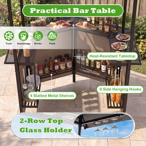 Heat-resistant tabletop provides a safe prep surface near the grill 4 slatted metal shelves for organizing tools  seasonings  and food items 6 side hanging hooks keep utensils and towels within easy reach 2-row top glass holders safely store drinks and gl