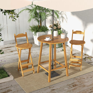 Made of solid acacia wood  which is durable  sturdy & natural<br>Triangle connections & added crossbars to ensure great stability  no wobbling<br>Round slatted tabletop for no pooling of water during long-term outdoor use<br>Pre-drilled umbrella hole is p
