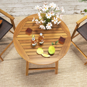 Made of solid acacia wood  which is durable  sturdy & natural<br>Triangle connections & added crossbars to ensure great stability  no wobbling<br>Round slatted tabletop for no pooling of water during long-term outdoor use<br>Pre-drilled umbrella hole is p