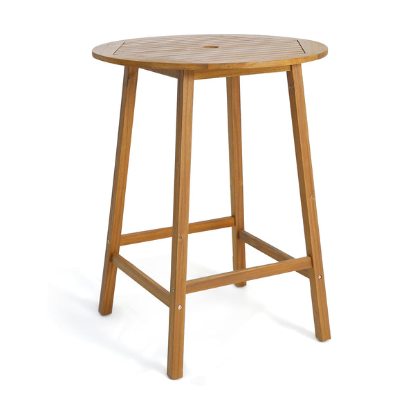 Made of solid acacia wood  which is durable  sturdy & natural<br>Triangle connections & added crossbars to ensure great stability  no wobbling<br>Round slatted tabletop for no pooling of water during long-term outdoor use<br>Pre-drilled umbrella hole is p