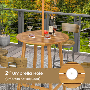 Made of solid acacia wood  which is durable  sturdy & natural<br>Triangle connections & added crossbars to ensure great stability  no wobbling<br>Round slatted tabletop for no pooling of water during long-term outdoor use<br>Pre-drilled umbrella hole is p