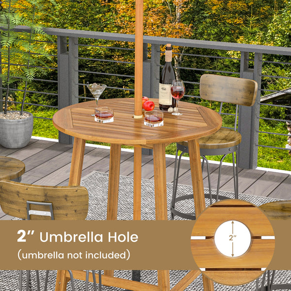 Made of solid acacia wood  which is durable  sturdy & natural<br>Triangle connections & added crossbars to ensure great stability  no wobbling<br>Round slatted tabletop for no pooling of water during long-term outdoor use<br>Pre-drilled umbrella hole is p