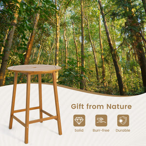 Made of solid acacia wood  which is durable  sturdy & natural<br>Triangle connections & added crossbars to ensure great stability  no wobbling<br>Round slatted tabletop for no pooling of water during long-term outdoor use<br>Pre-drilled umbrella hole is p