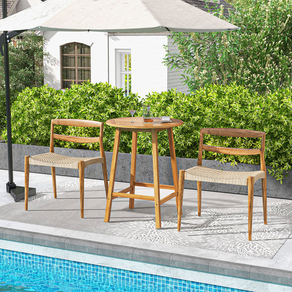 Made of solid acacia wood  which is durable  sturdy & natural<br>Triangle connections & added crossbars to ensure great stability  no wobbling<br>Round slatted tabletop for no pooling of water during long-term outdoor use<br>Pre-drilled umbrella hole is p
