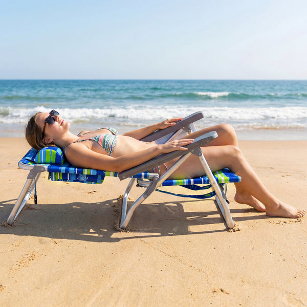 5 adjustable backrest positions for personalized comfort<br>Easy armrest lift mechanism for quick reclining changes<br>Side cup holder and mesh pocket keep essentials handy<br>Zippered insulated cooler bag maintains drinks cold longer<br>Dual-purpose supp