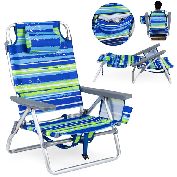 5 adjustable backrest positions for personalized comfort<br>Easy armrest lift mechanism for quick reclining changes<br>Side cup holder and mesh pocket keep essentials handy<br>Zippered insulated cooler bag maintains drinks cold longer<br>Dual-purpose supp